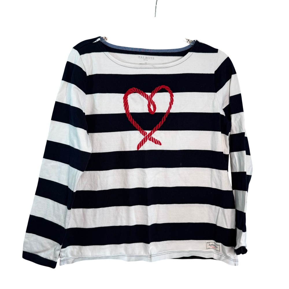 Talbots Petite Large Striped Long Sleeve Cotton Tee Nautical Red Rope Heart LP